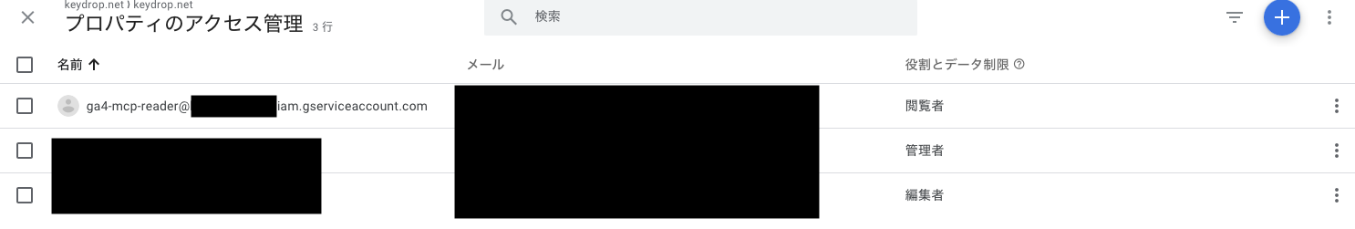 GA4管理画面でサービスアカウントを追加している画面